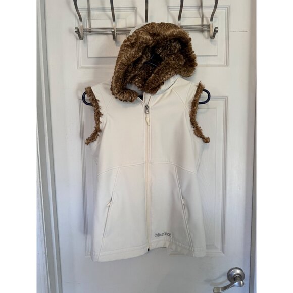 Marmot Fur Lined Hooded Softshell Full Zip Vest Fleece Interior Ivory Cream S ve - Picture 7 of 16